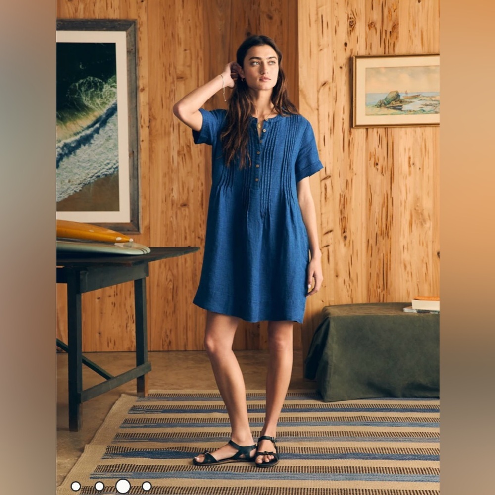 Faherty Blue Gemina Linen Mini Dress Size Large Lightweight Minimal Pockets EUC